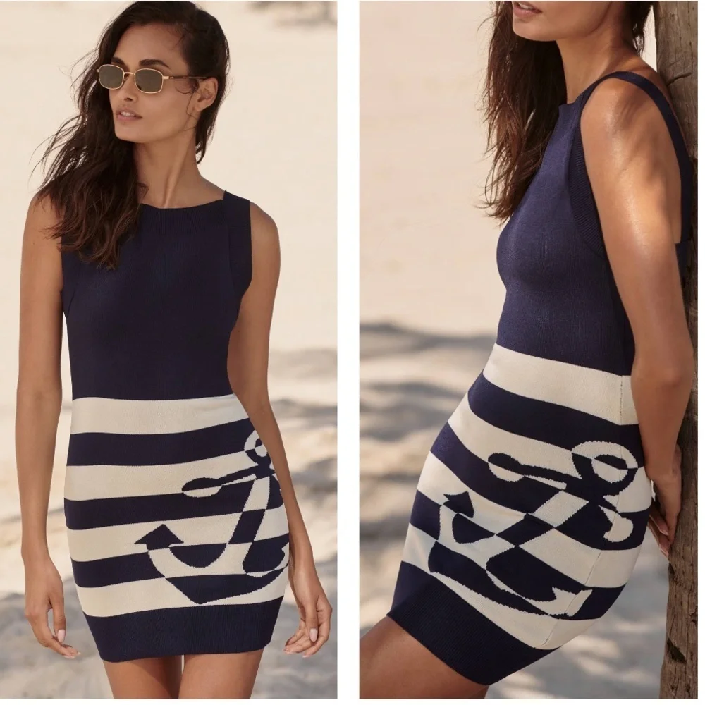 Anthropologie Knit Tank Dress Striped With Anchor Image Navy/Off White SZ MP